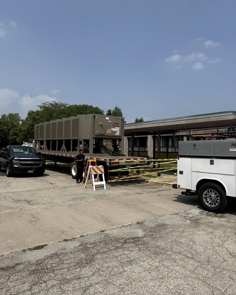 A chiller arrives on a flatbed